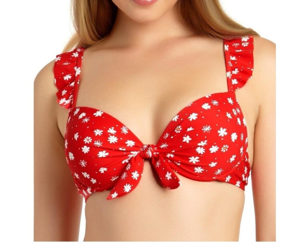 California Waves Bikini Top Women's XL Red Floral Ruffle Underwire Swimsuit Swim